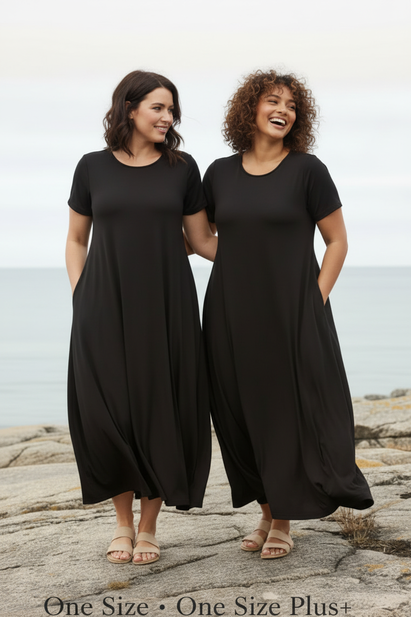 Två personer i svart Ballerina Original klänning – One Size och One Size Plus