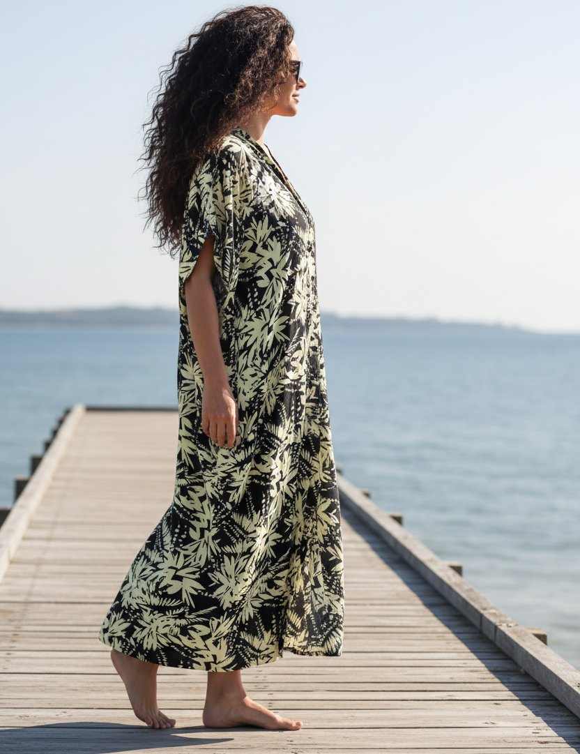 Svartvit bladmönstrad Flower Sea-kaftan buren knäppt som klänning