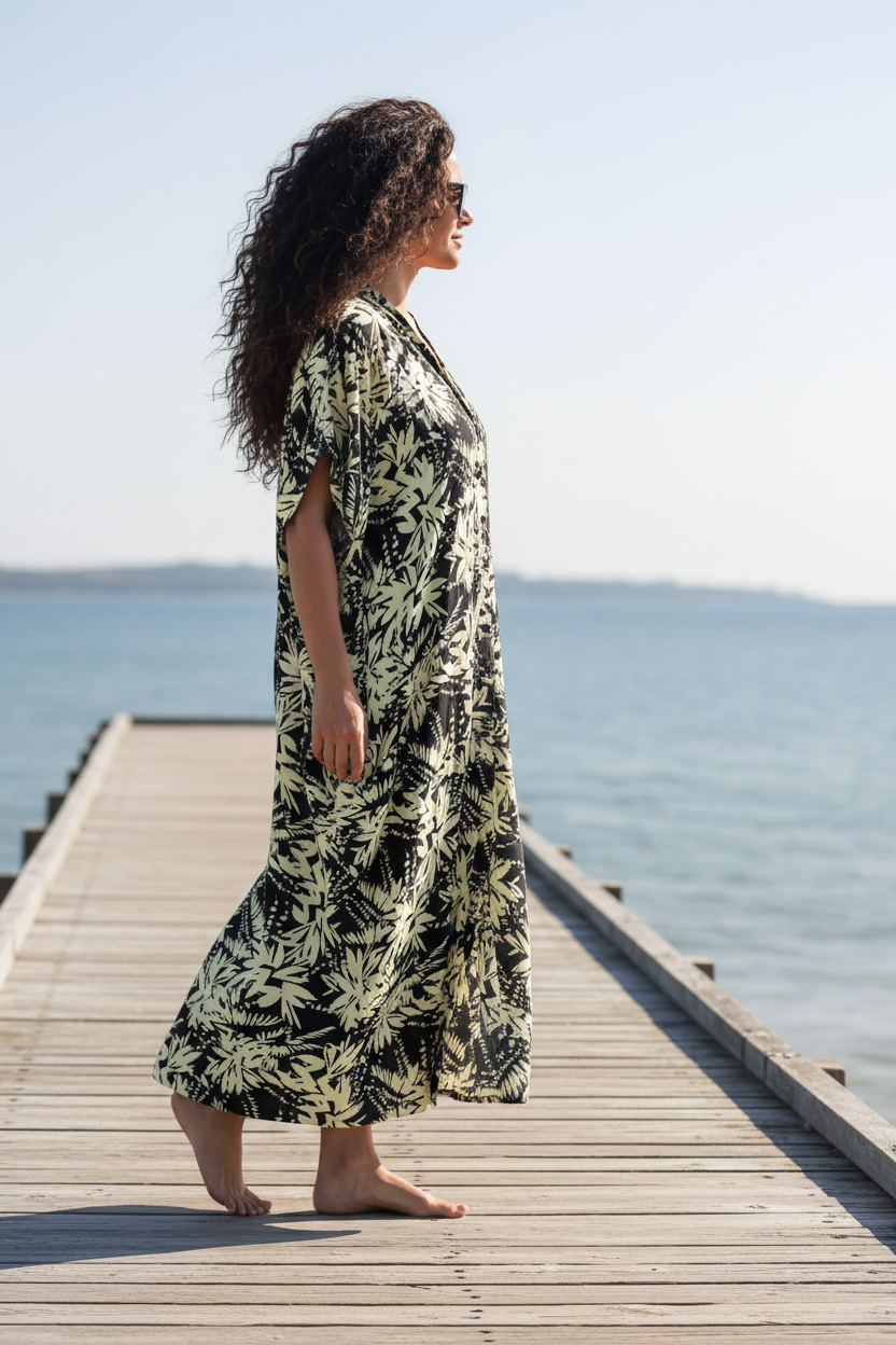 Svartvit bladmönstrad Flower Sea-kaftan buren knäppt som klänning