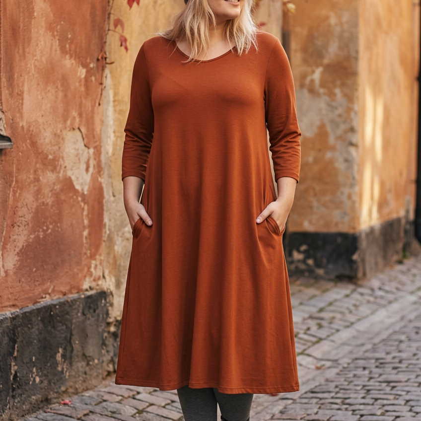 Rostfärgad midi med grå leggings, framifrån