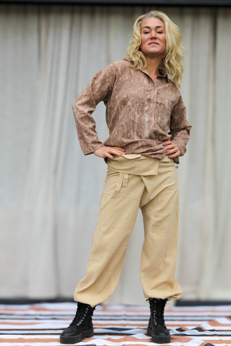 Beige Wrap Pants Breath Linen Latte Brown