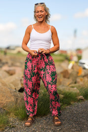 Groen/roze bladpatroon broek bloem zeegroen roze
