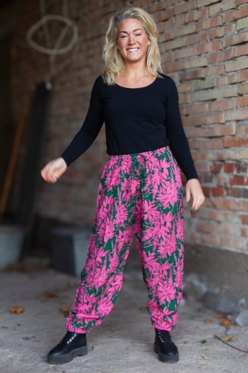 Green/Pink Leaf Patterned Trousers Flower Sea Green Pink