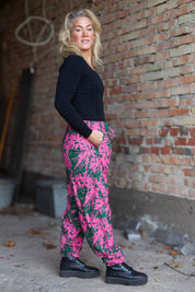 Green/Pink Leaf Patterned Trousers Flower Sea Green Pink