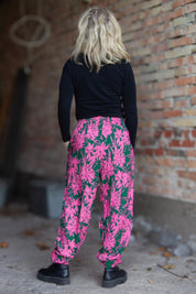 Green/Pink Leaf Patterned Trousers Flower Sea Green Pink