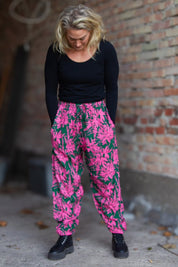 Green/Pink Leaf Patterned Trousers Flower Sea Green Pink