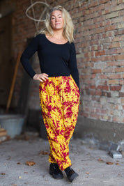 Purple/Yellow Leaf Patterned Trousers Flower Sea Purple Yellow