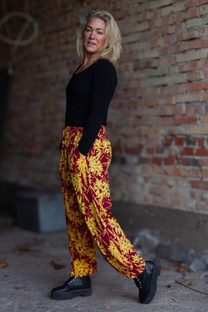 Purple/Yellow Leaf Patterned Trousers Flower Sea Purple Yellow