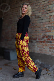 Purple/Yellow Leaf Patterned Trousers Flower Sea Purple Yellow