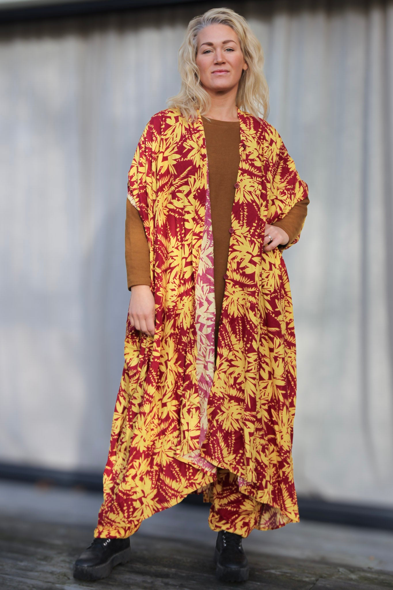 Lilla/Gul Bladmønstret Kaftan Kjole Blomst Hav Lilla Gul