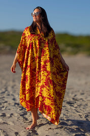 Purppura/keltainen lehtikuvioinen kaftan-mekko Flower Sea Purple Yellow