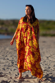 Purppura/keltainen lehtikuvioinen kaftan-mekko Flower Sea Purple Yellow