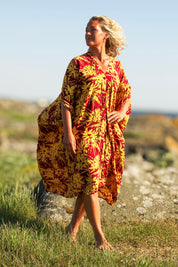 Purppura/keltainen lehtikuvioinen kaftan-mekko Flower Sea Purple Yellow