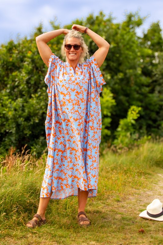 Oransje &amp; Blå Kaftan Kjole Vinberg Oransje &amp; Blå