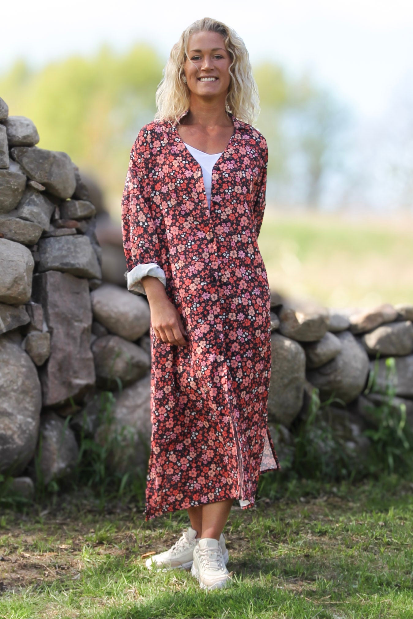 Rotes Blumenkleid Sahara Langarm Red Flower
