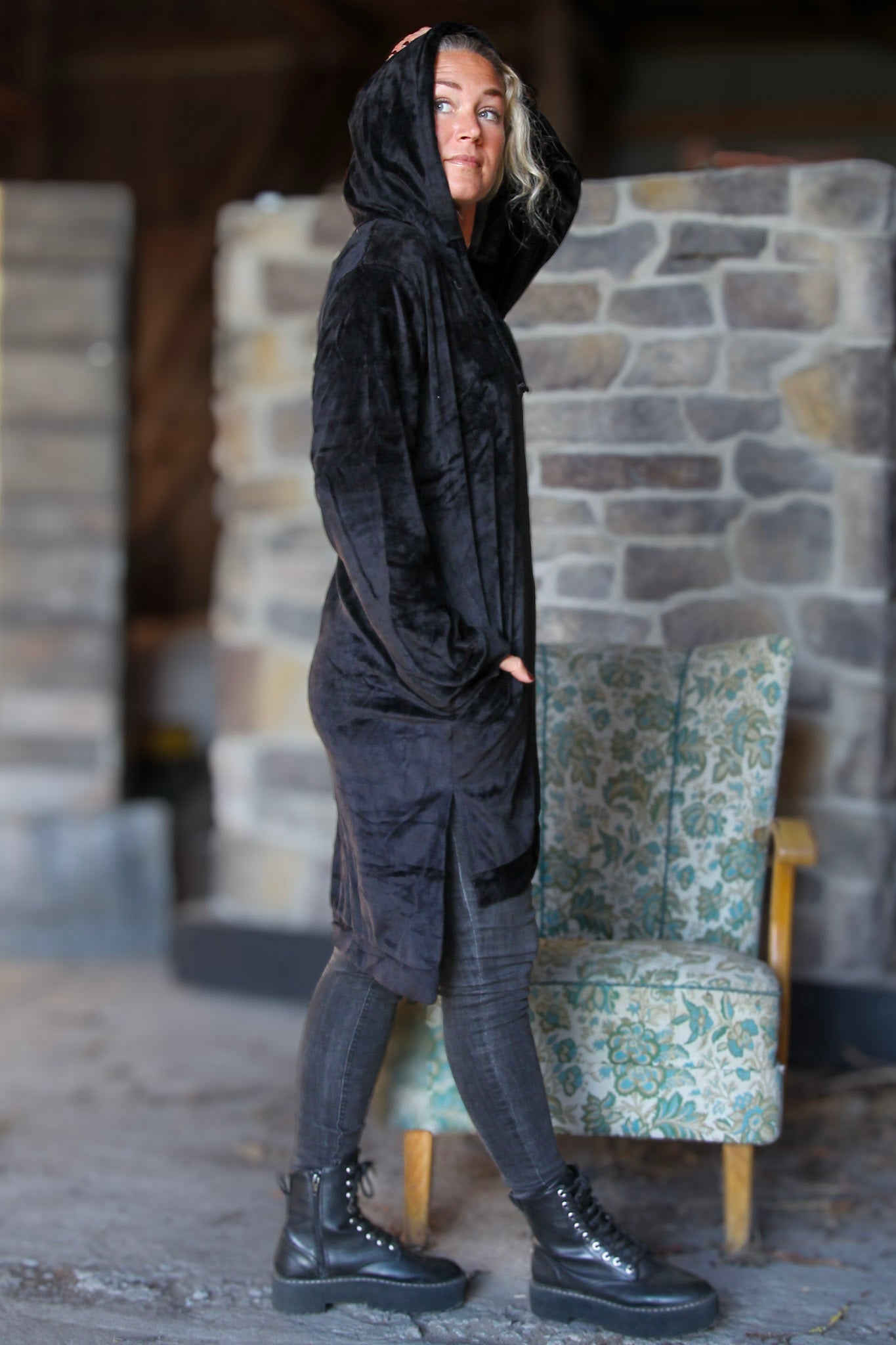 Zwarte Hoodie Jurk Lang Zwart
