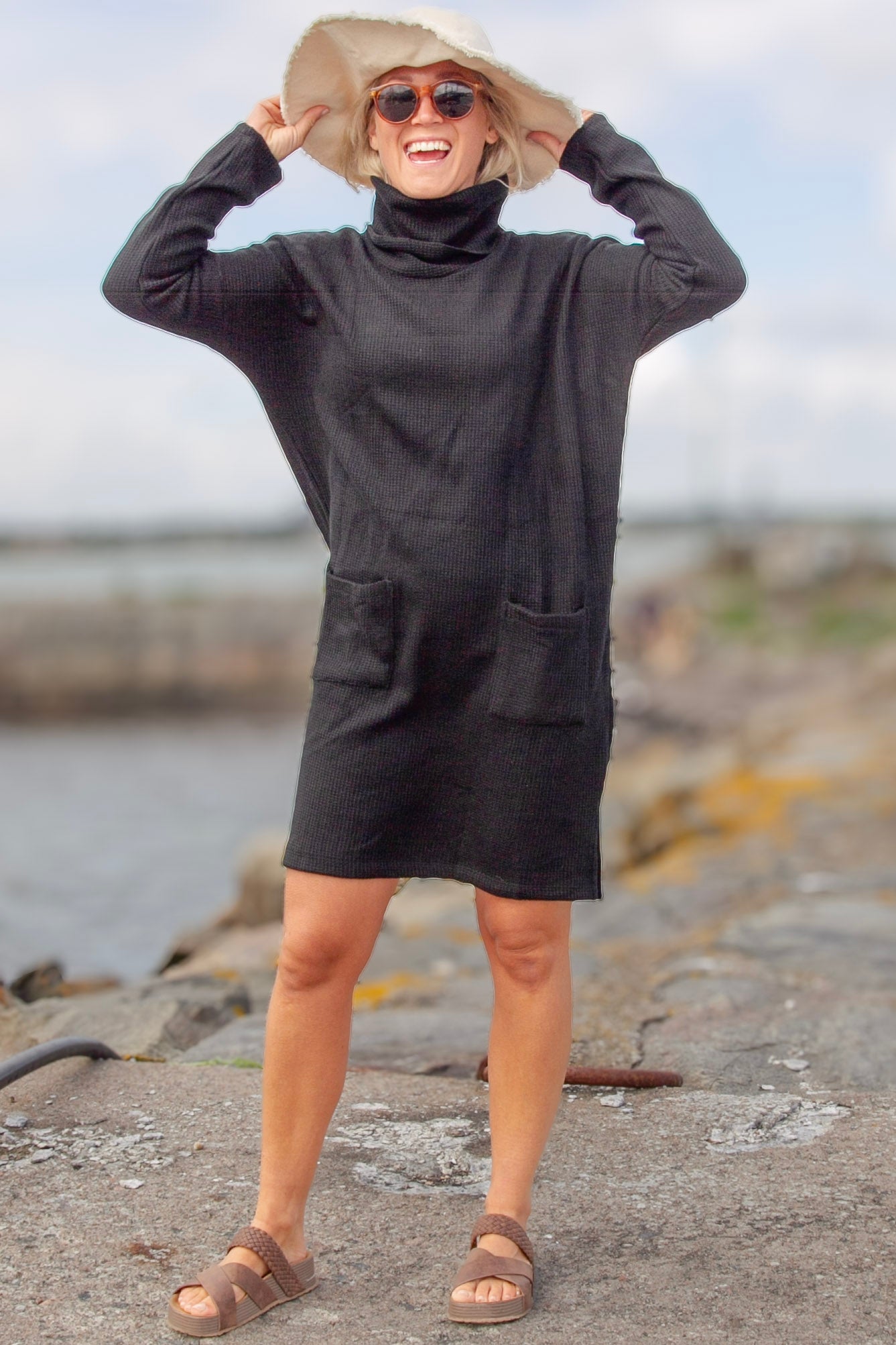 Black Sweater Dress Polo Loose Black