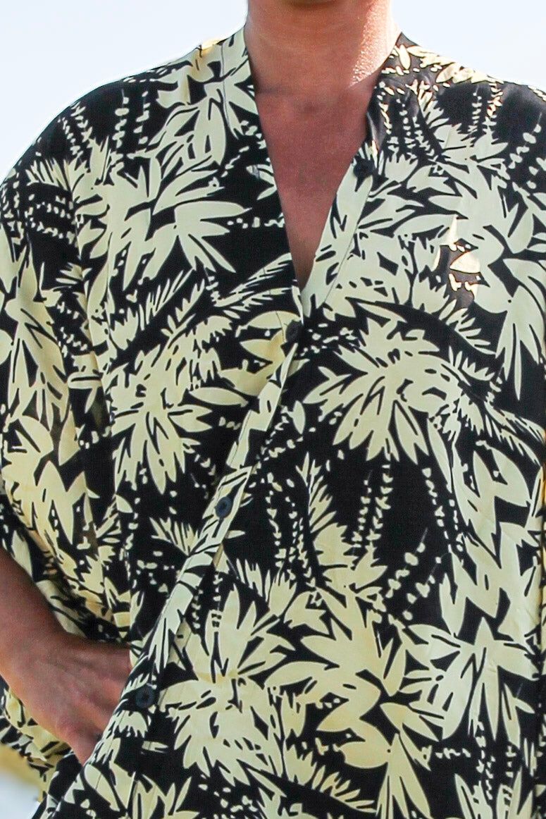 Svart/Hvit Bladmønstret Kaftan Kjole Blomst Hav Svart Hvit