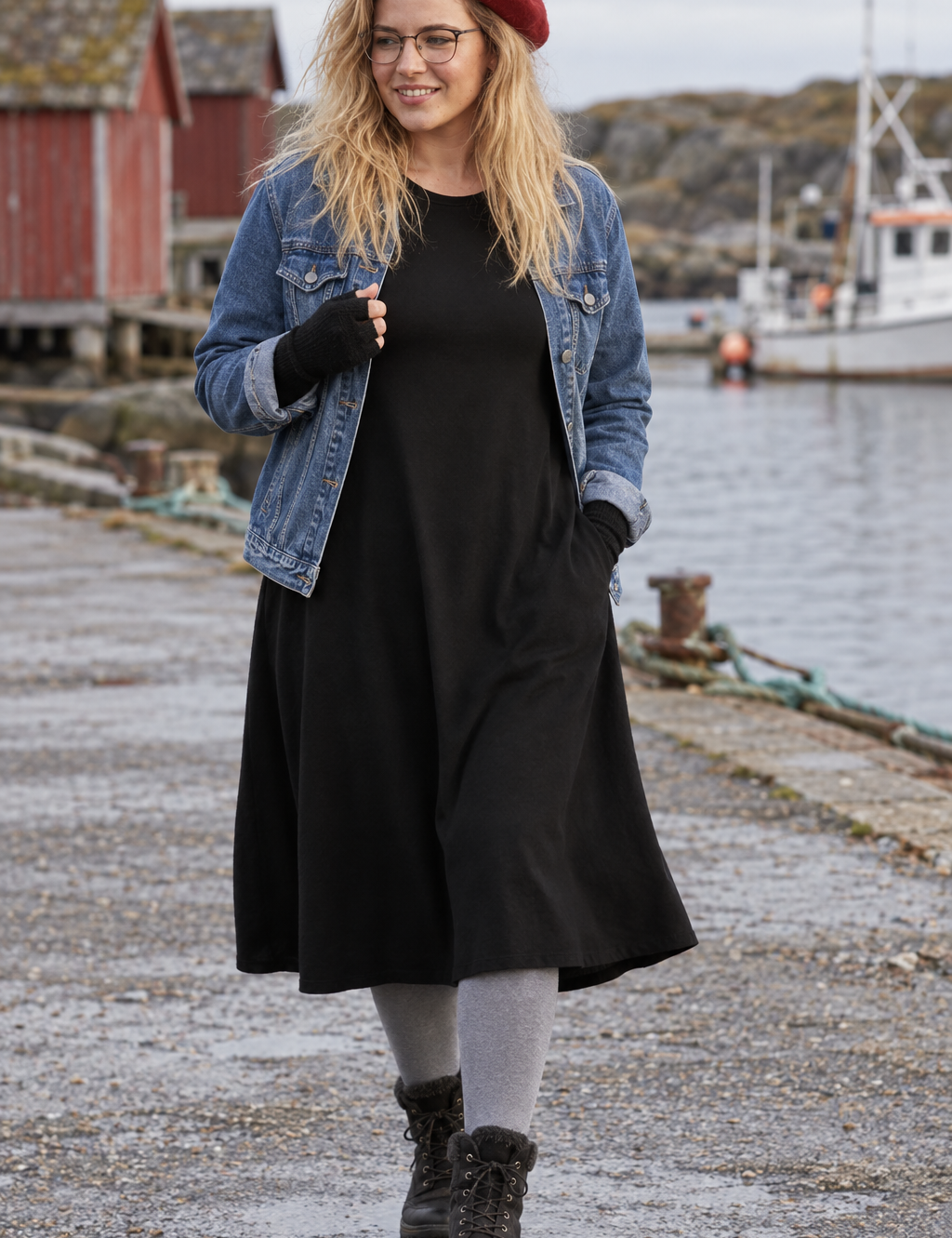 Ballerina Midi med jeansjacka och röd basker i hamnen