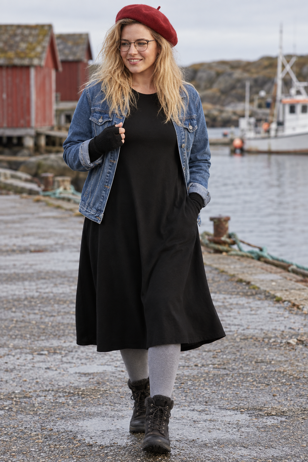 Ballerina Midi med jeansjacka och röd basker i hamnen