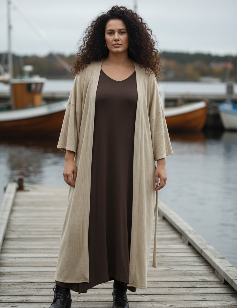 Beige kimono på mörkhårig kurvig modell i hösthamn