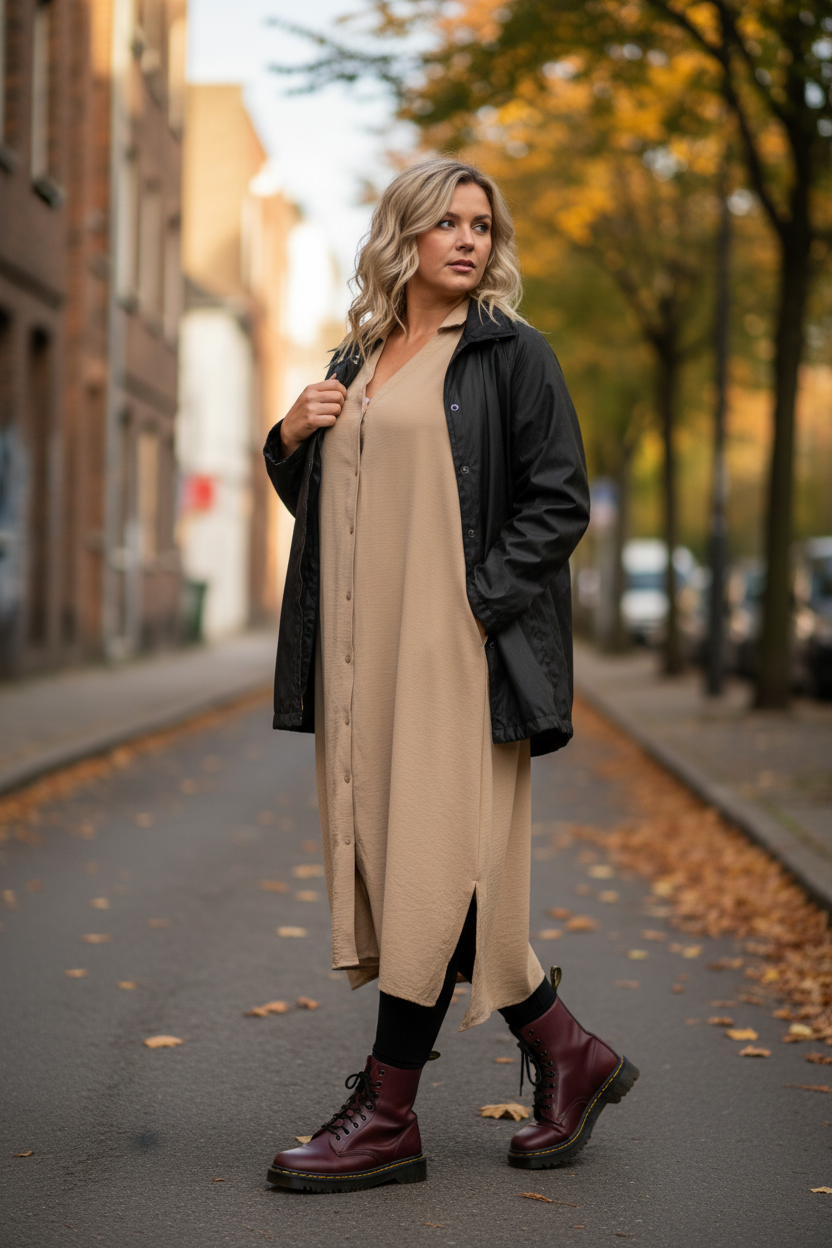 Beige klänning med oljerock i gångpose