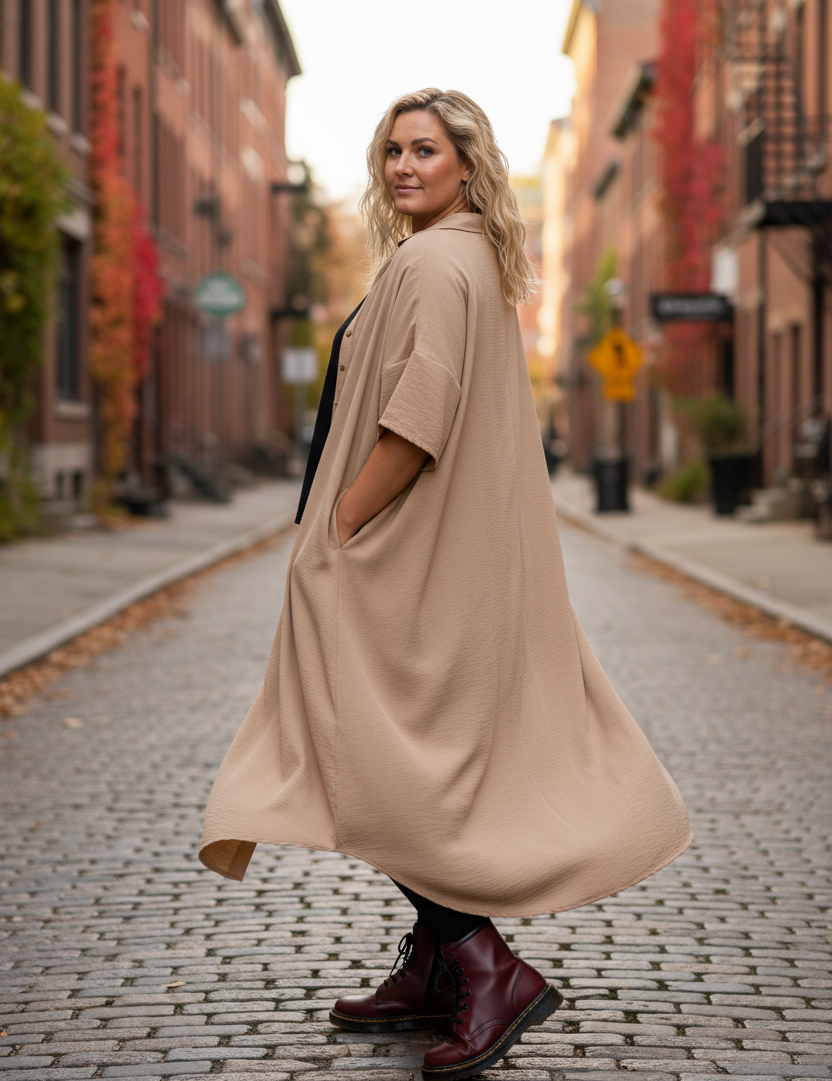 Beige klänning med svart T-shirt bakifrån