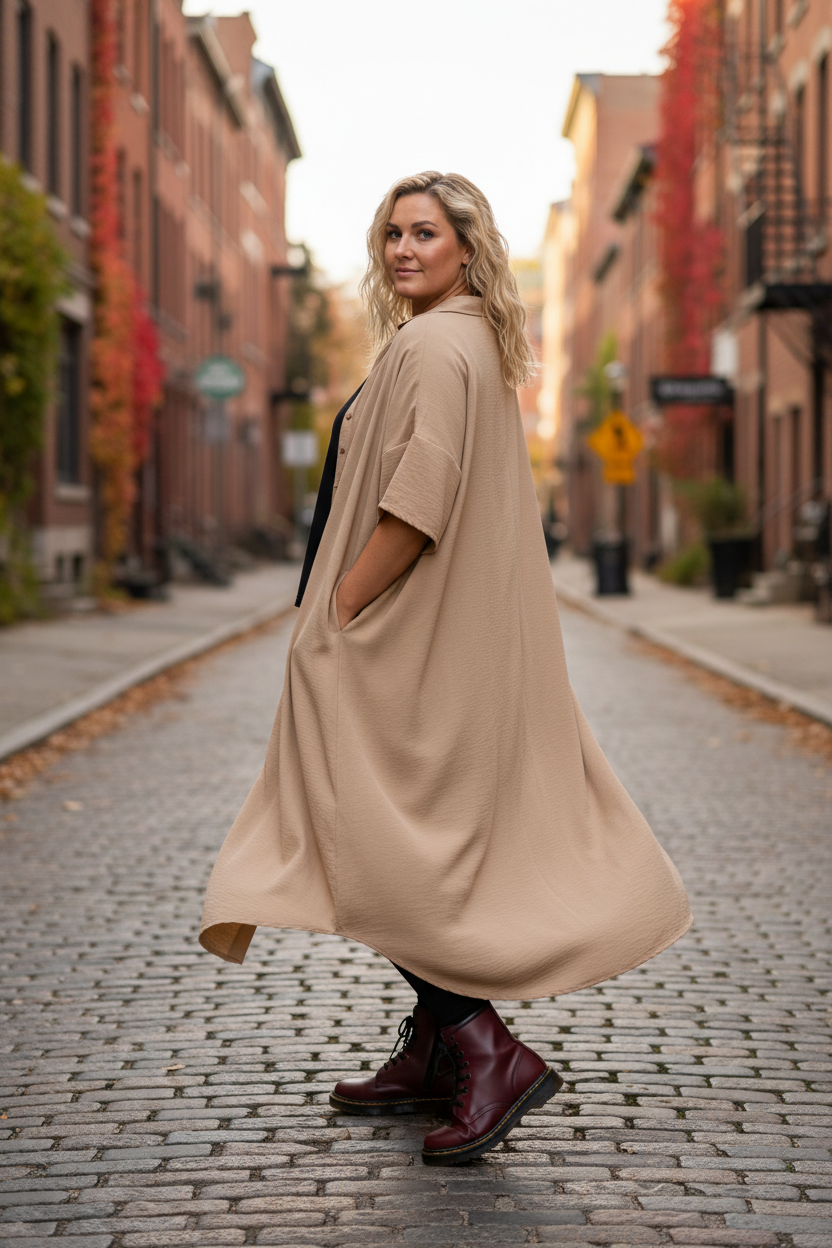 Beige klänning med svart T-shirt bakifrån