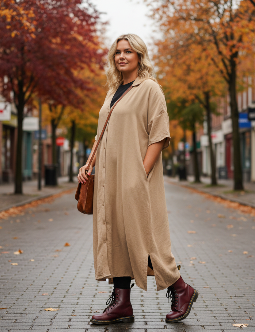 Beige klänning med svart T-shirt i profil