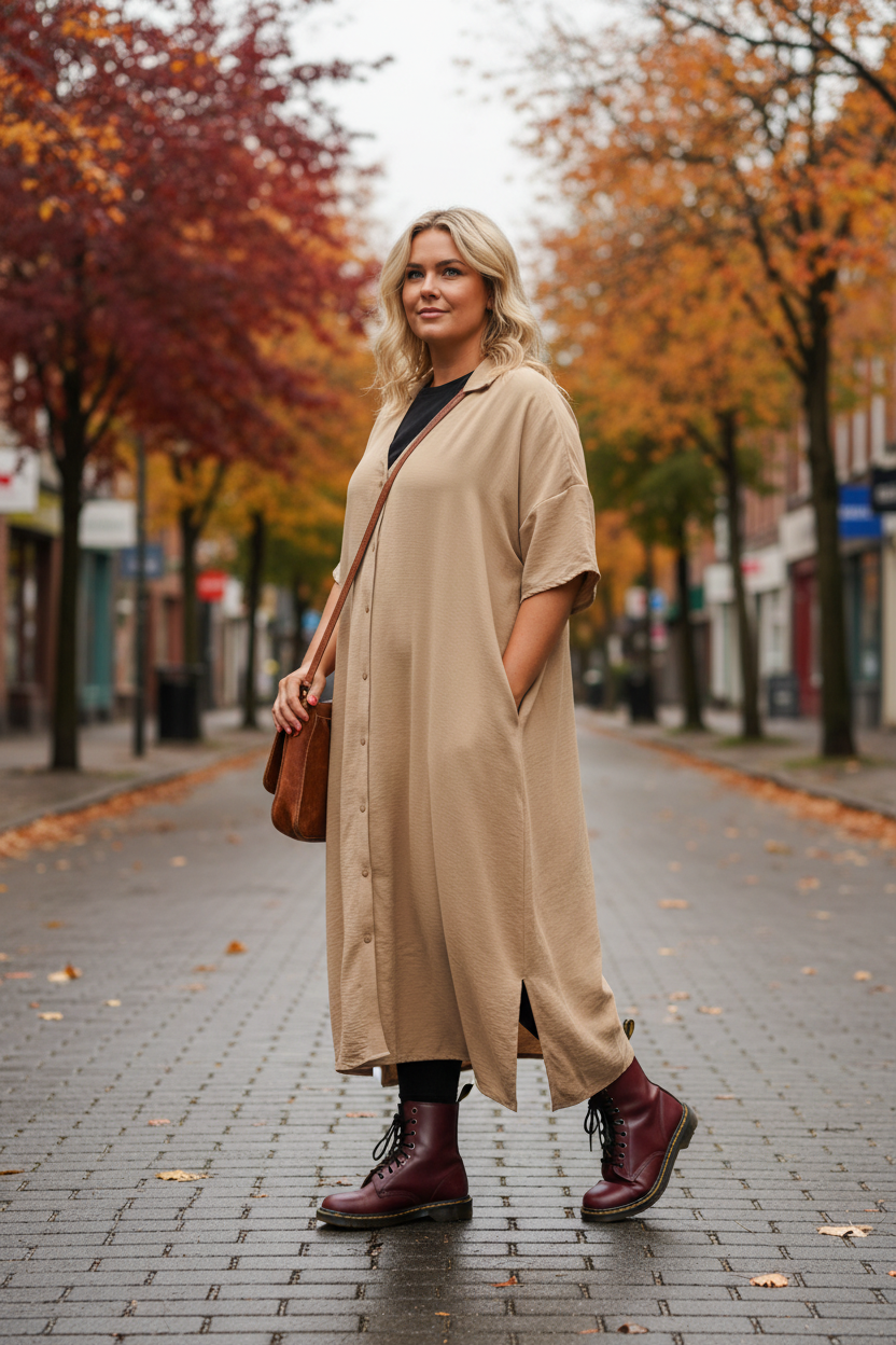 Beige klänning med svart T-shirt i profil