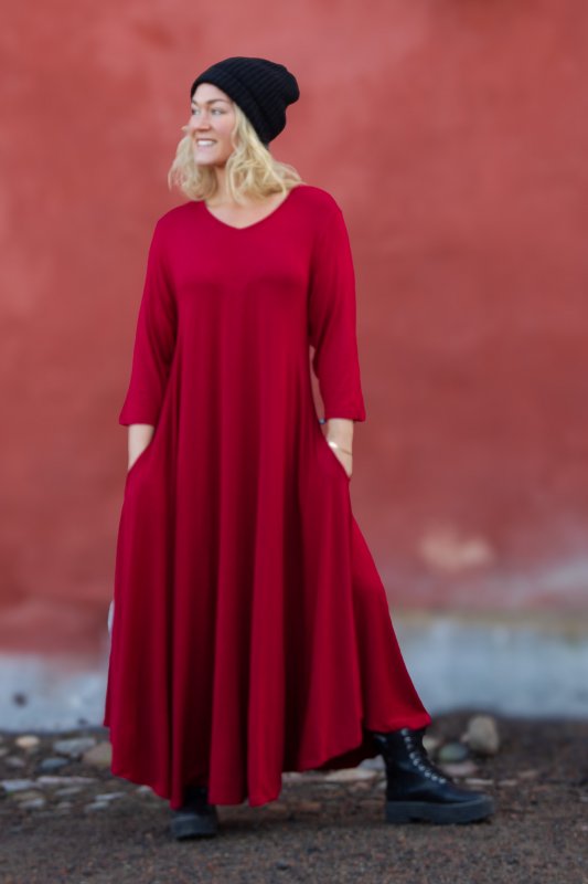 Rotes Kleid Ballerina V-Ausschnitt Lang Dunkelrot