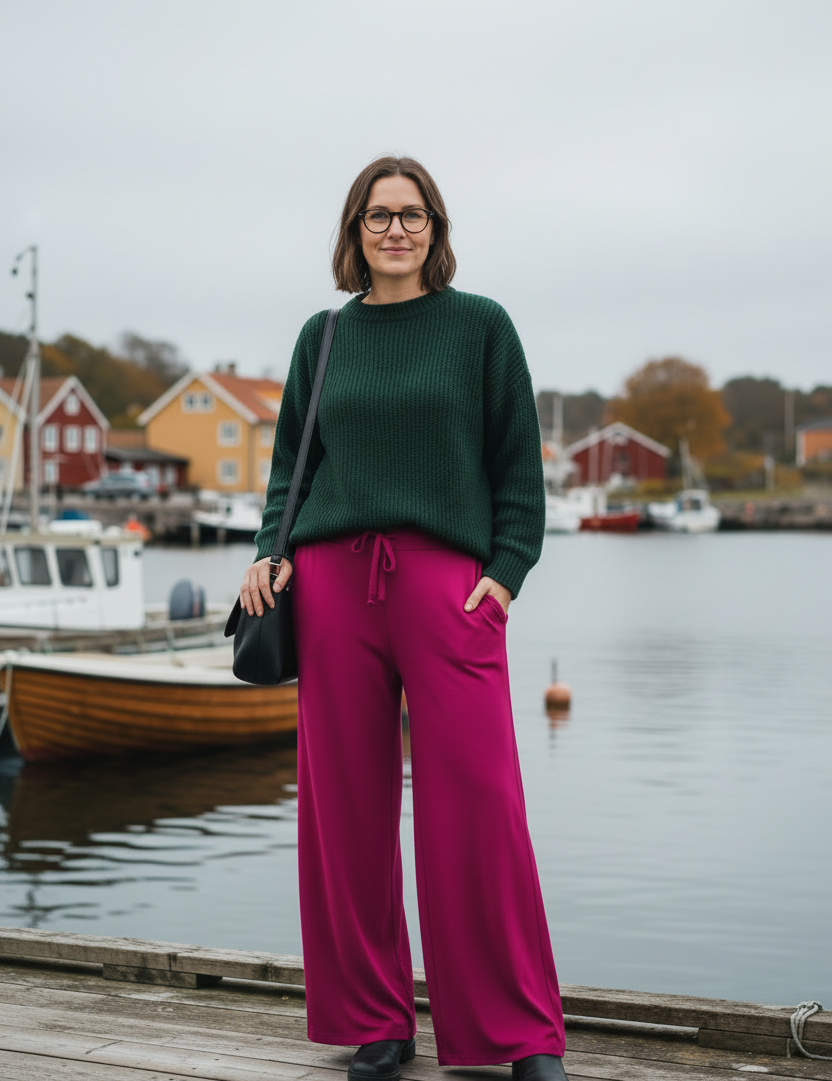 Ceriserosa byxor framifrån i hamnen