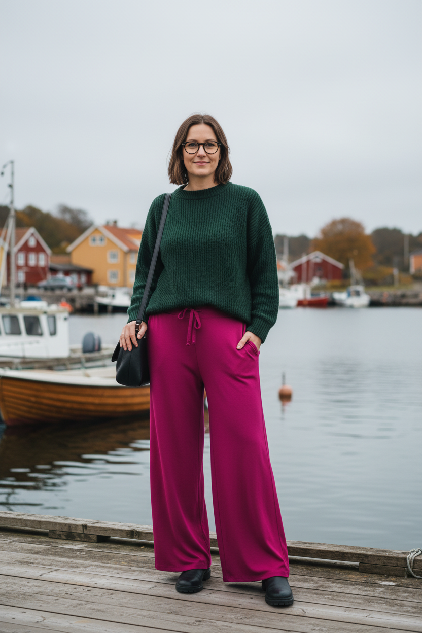 Ceriserosa byxor i höstig hamnmiljö