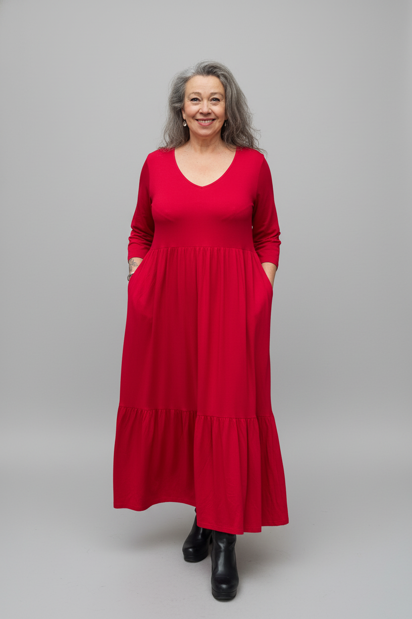 Röd Draperad Klänning Amelie Longsleeve Red