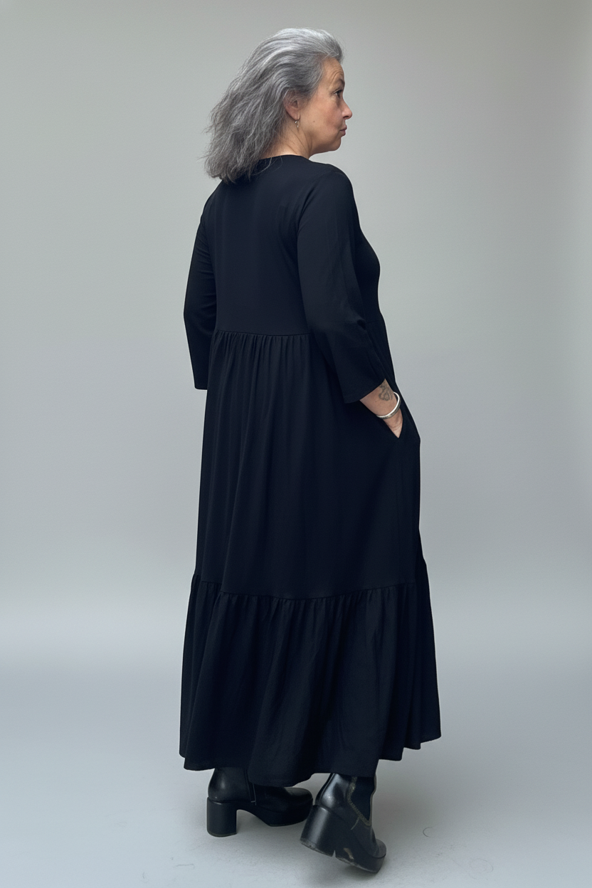 Svart Draperad Klänning Amelie Longsleeve Black