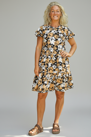 Beige gemustertes Kleid Naomi Black Base Beige Leaf