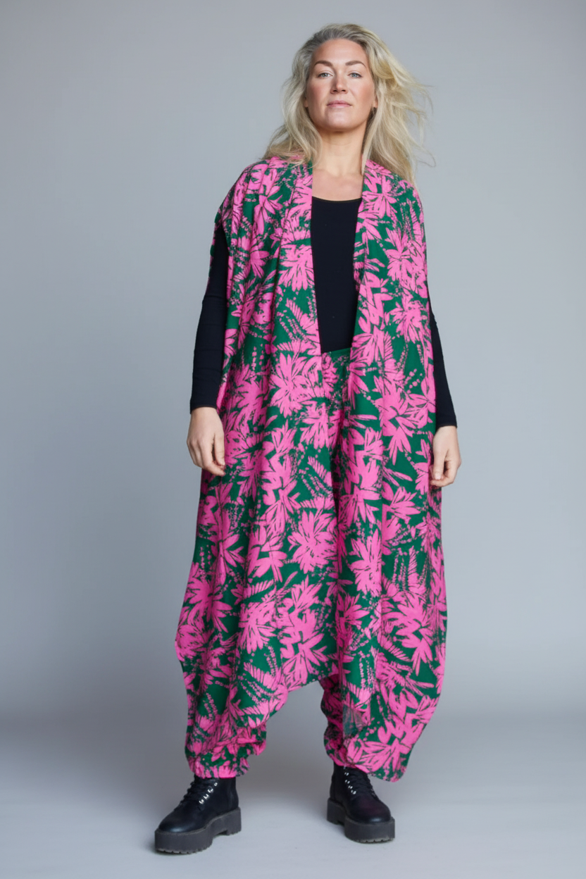 Grün/Rosa Blatt gemustertes Kaftankleid Flower Sea Green Pink