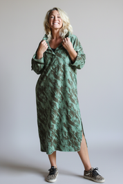 Green Patterned Hoodie Dress Kokomo Eucalyptus Green Brown