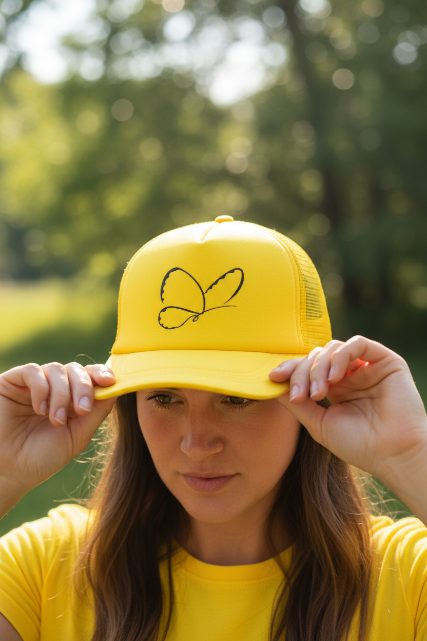 Gul keps brunett justerar