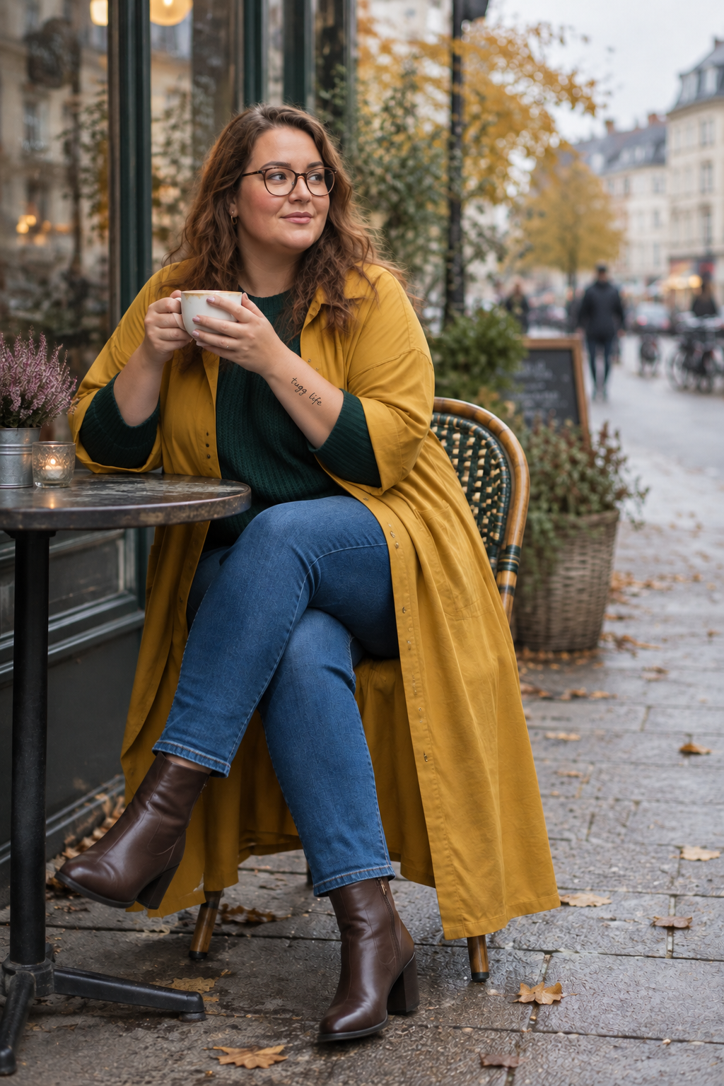 Kafébild med texttatueringen tugg life på underarmen