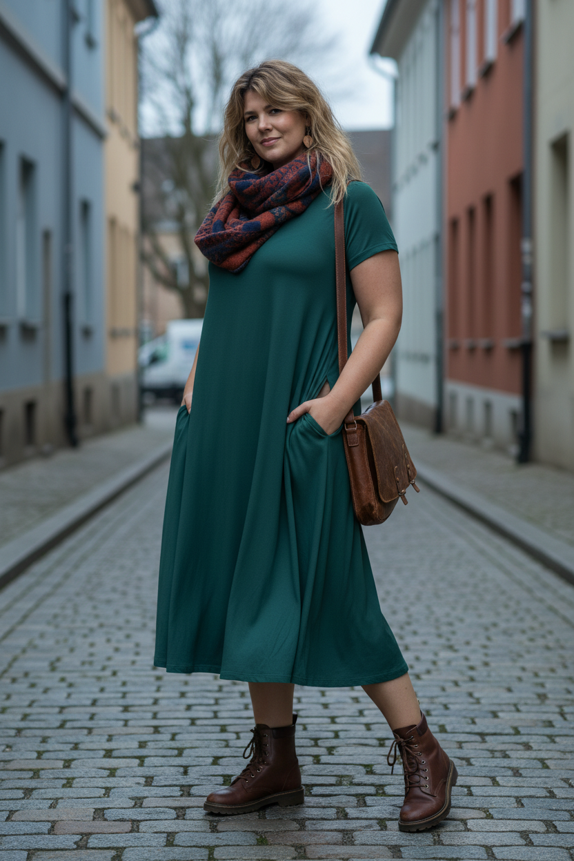 Kallgrön Ballerina med scarf och skinnväska