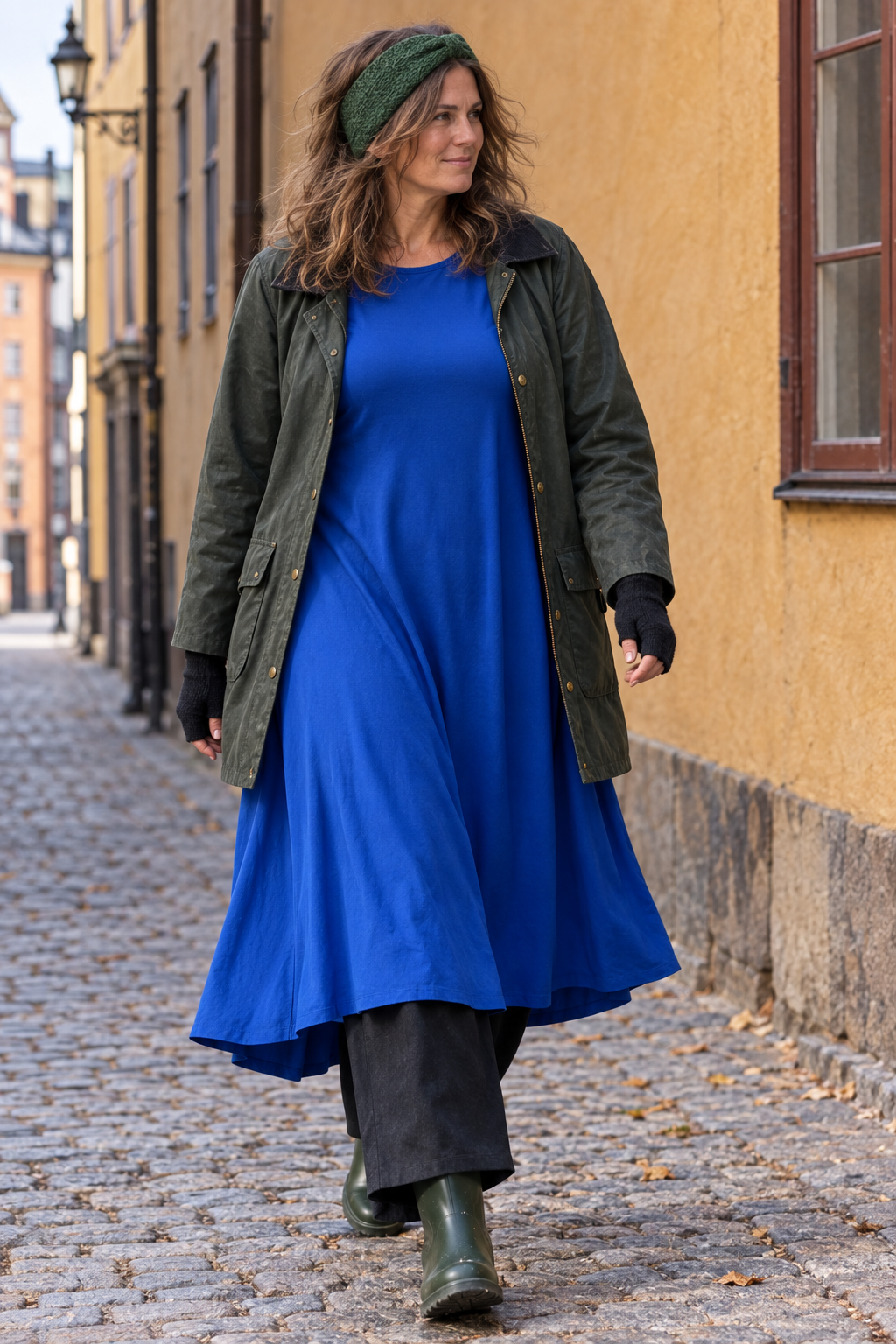 Klarblå Ballerina med öppen grön oljerock