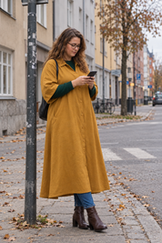 Knäppt plagg, läser på telefonen vid ett gathörn
