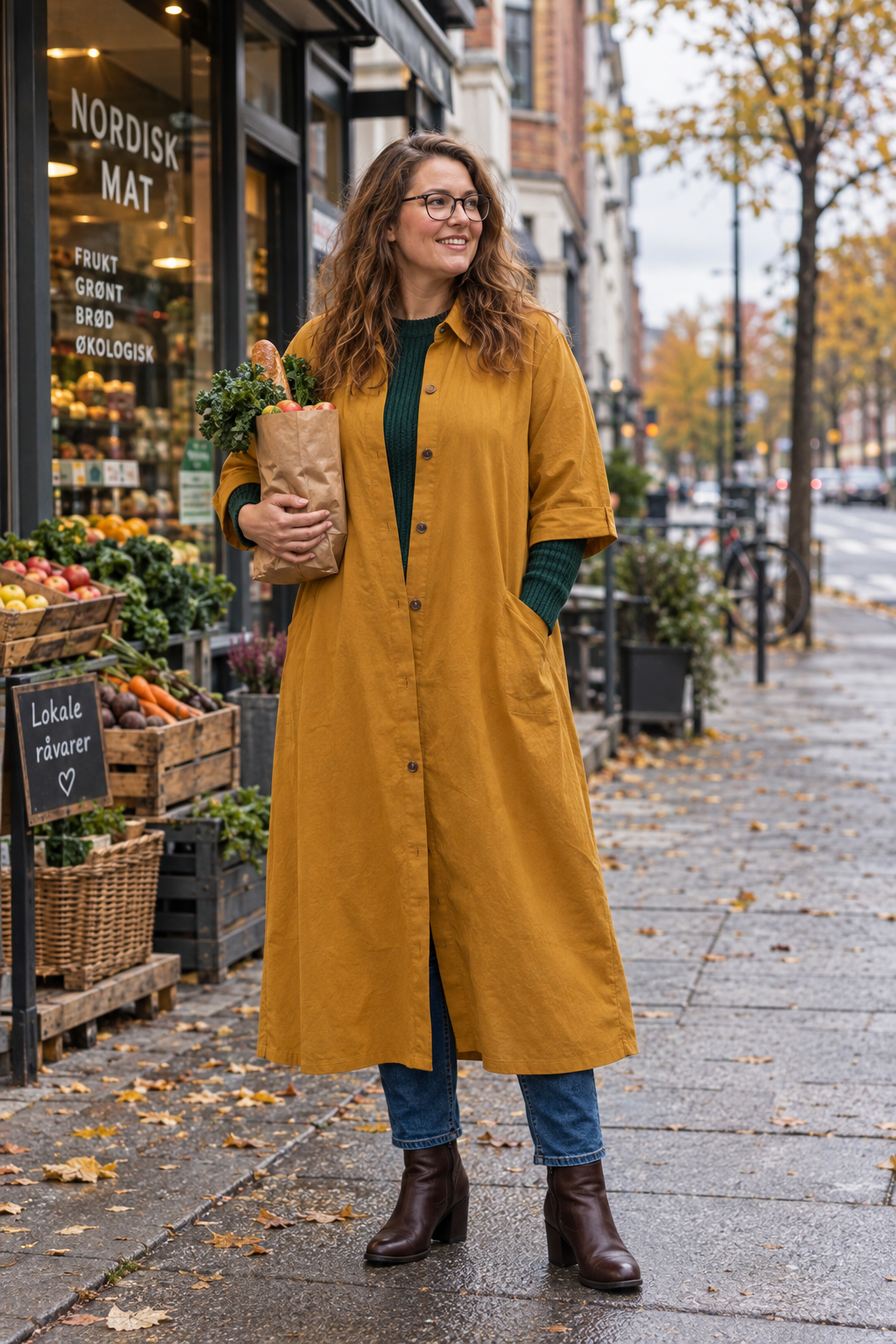 Knäppt plagg utanför en butik, vardaglig pose