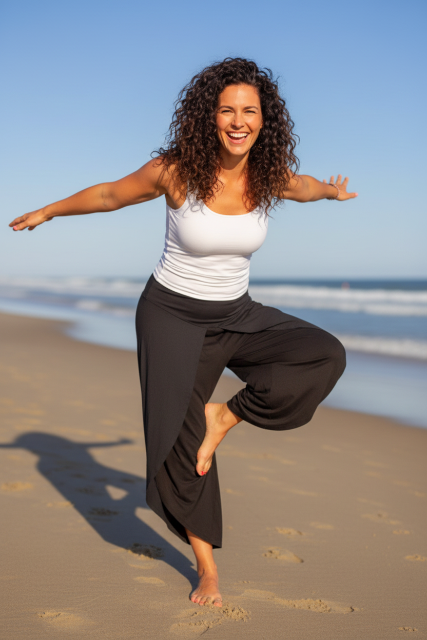 Lekfull yogapose med vit topp