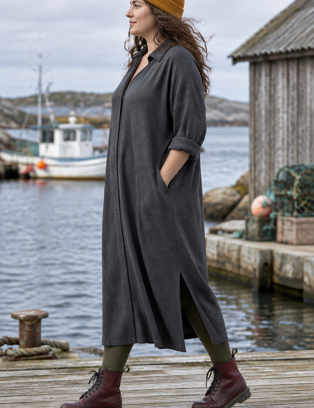 Mörkgrå skjortklänning från sidan