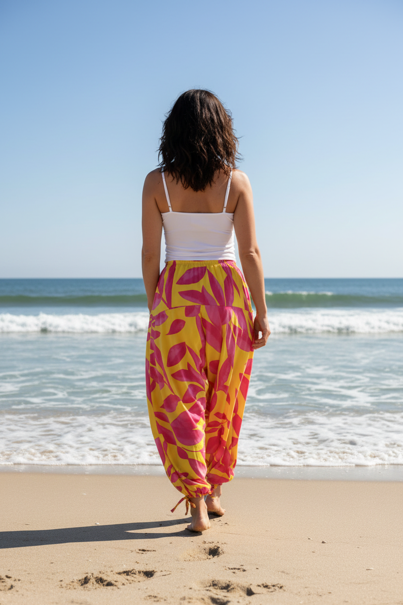 Mörkhårig strandpromenad