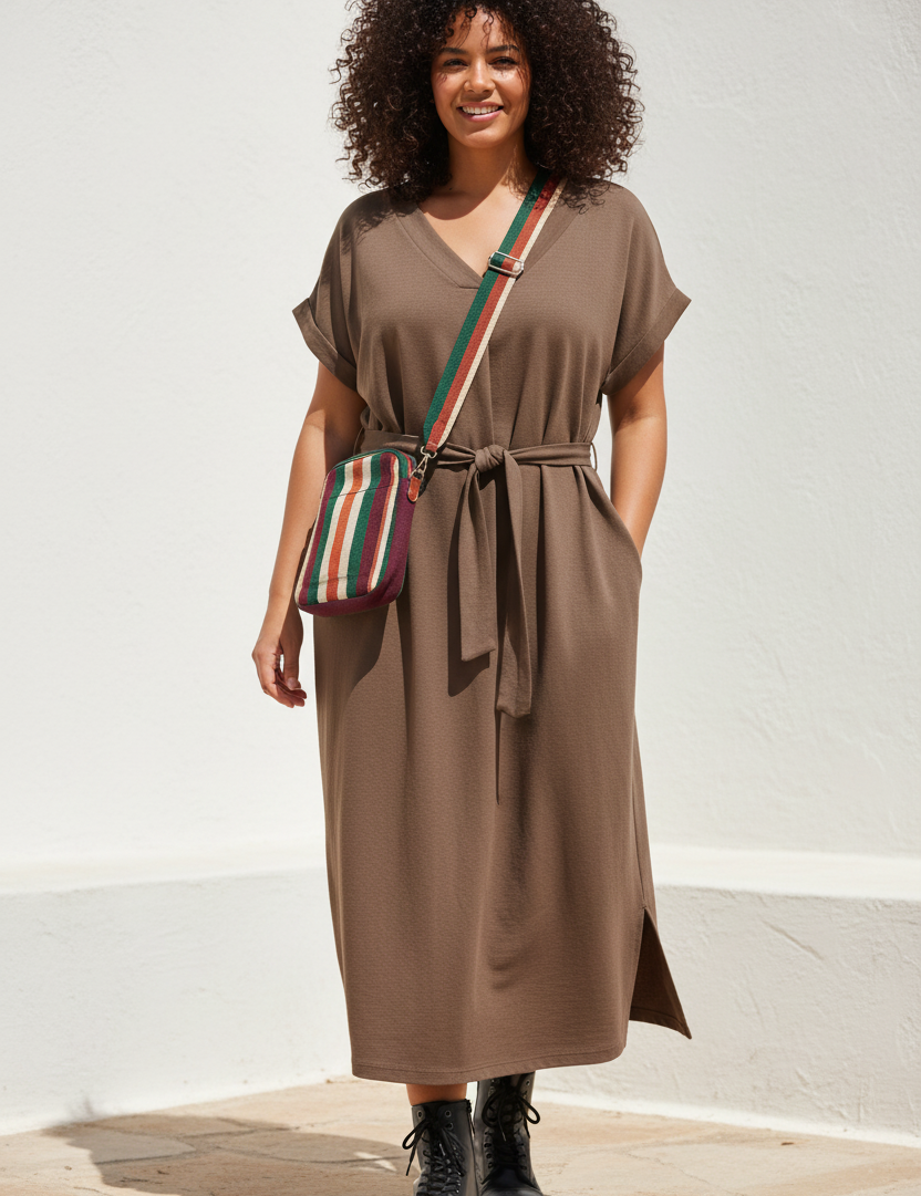 Modell med bälte tittar in