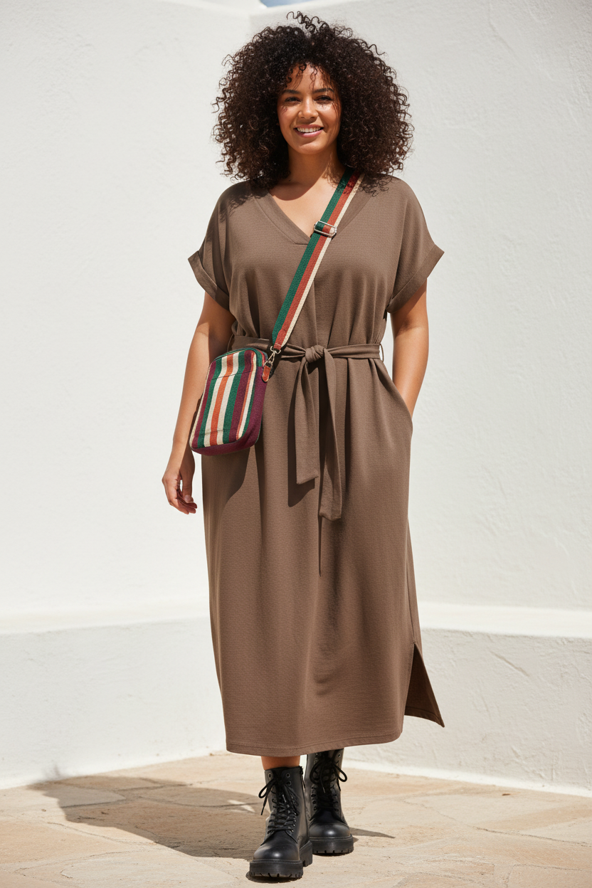 Modell med bälte tittar in