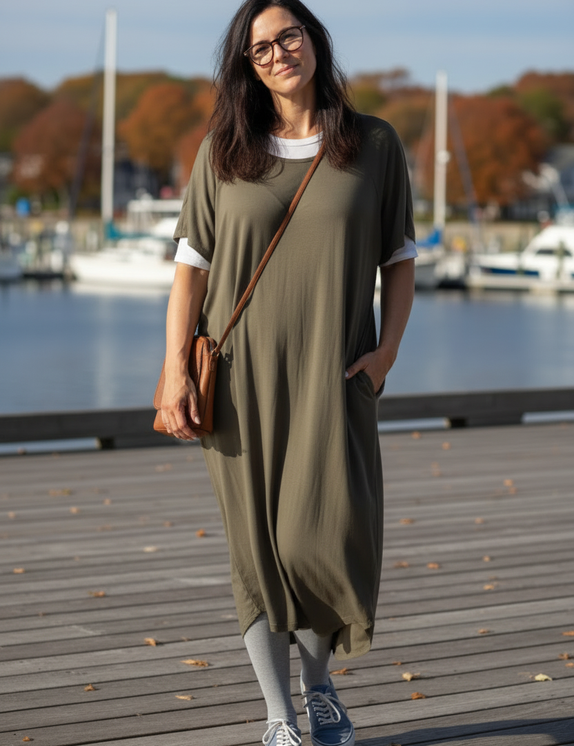 Olivgrå klänning framifrån med vit topp och tights